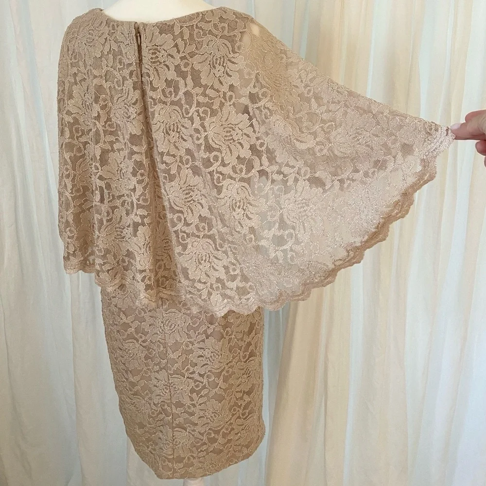 Jessica Howard Scalloped Shimmer Stretch Lace Capelet Dress Champagne 10P - Picture 8 of 9